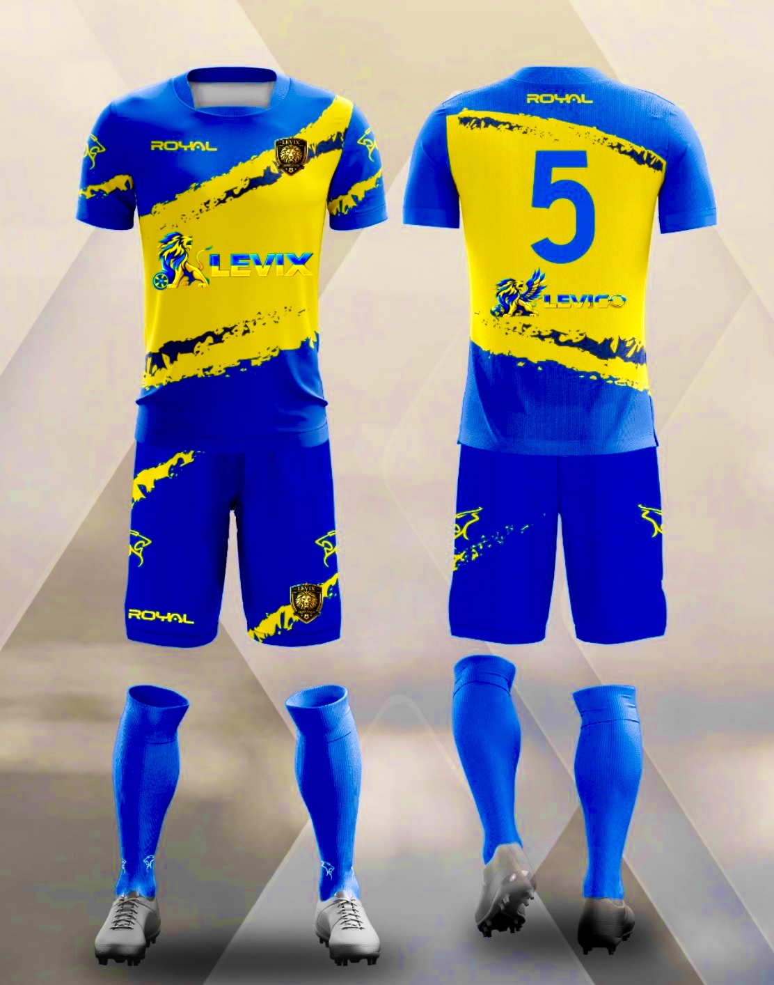 Prototipo della divisa gialla e blu della squadra Levix e LeviCo, fronte e retro