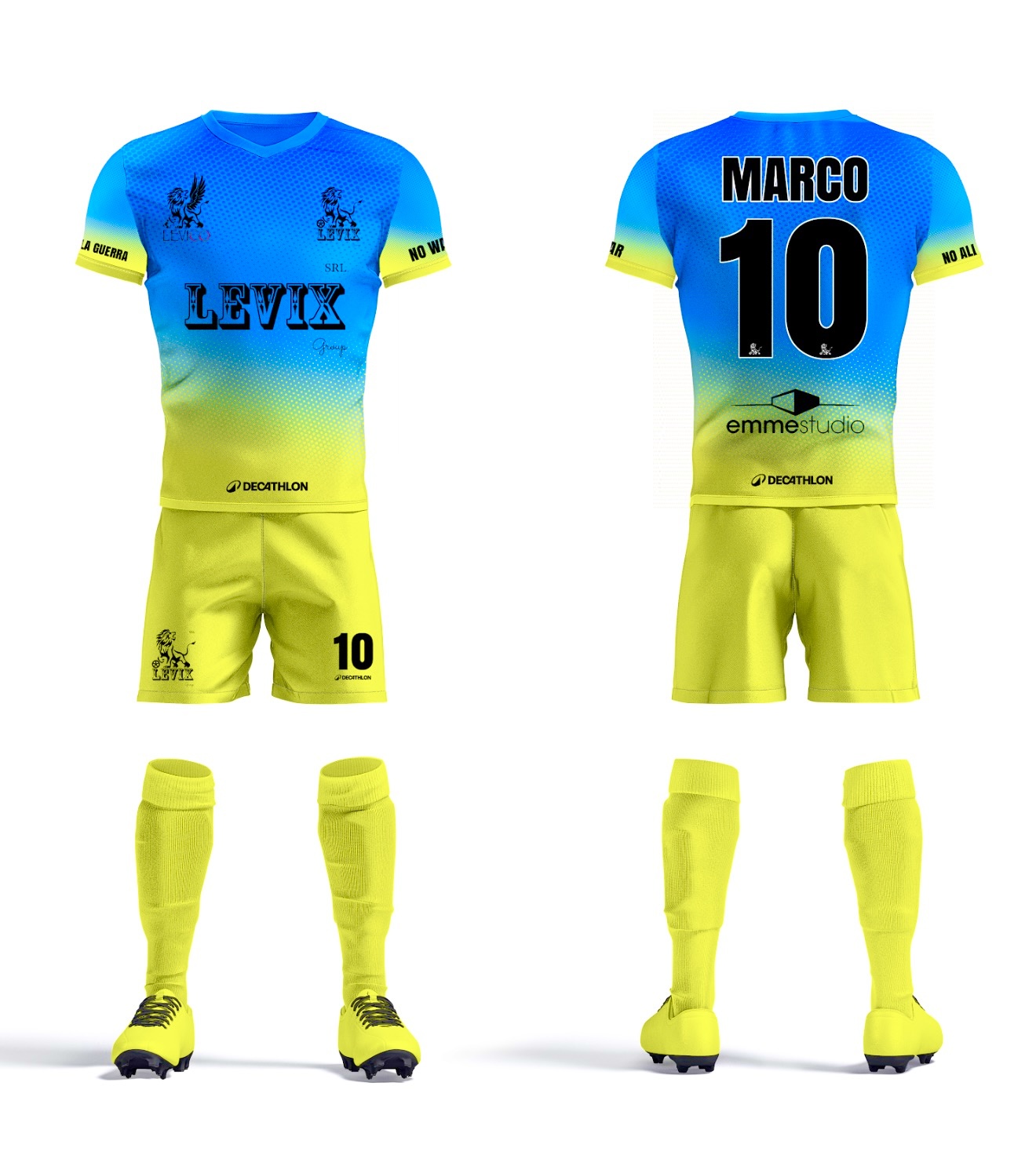 Prototipo di una seconda divisa gialla e azzurra Levix, fronte e retro