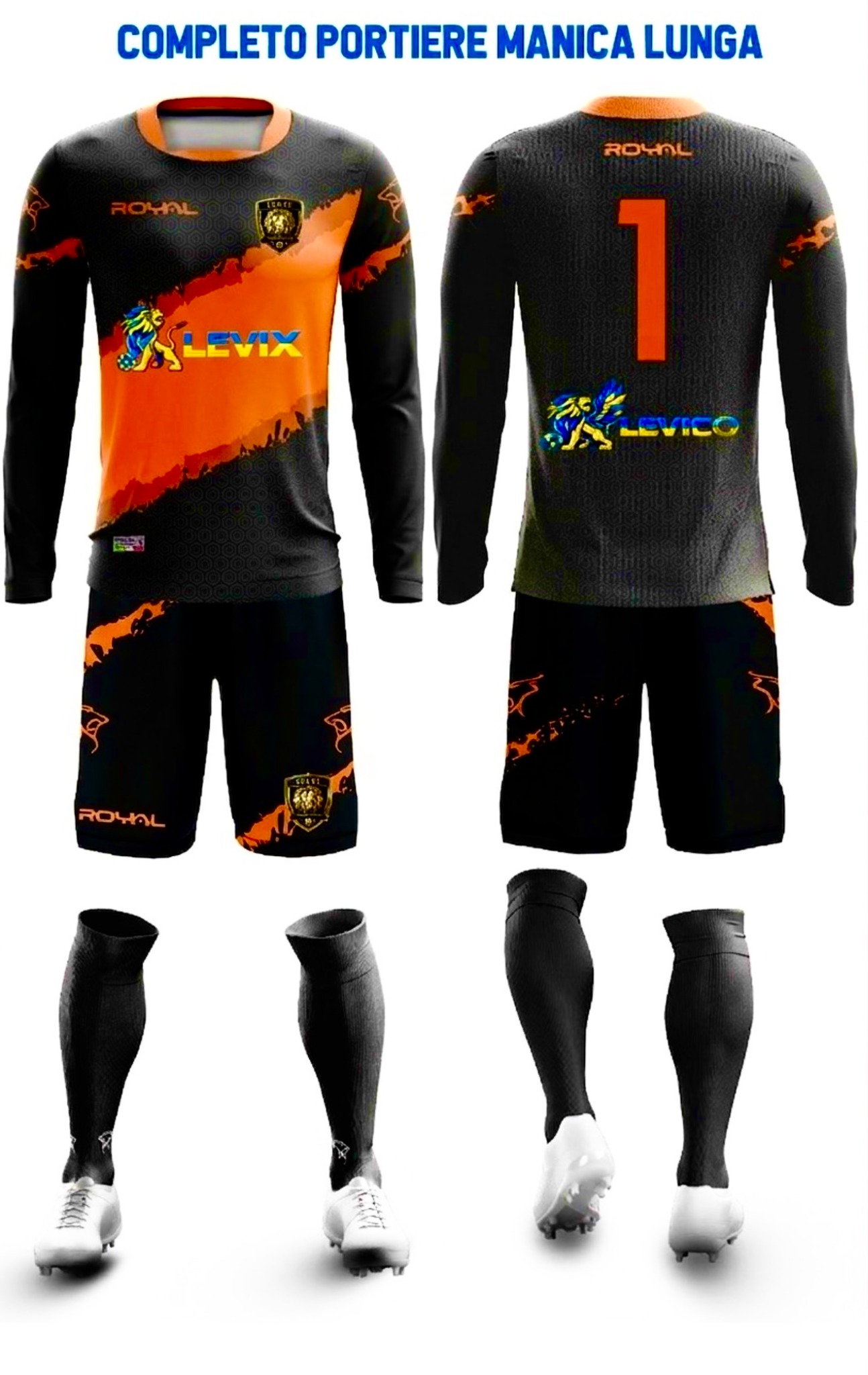 Prototipo nero e arancione della divisa da portiere, fronte e retro